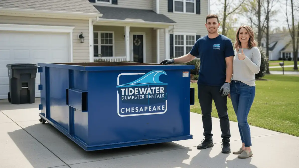 A man in a navy work shirt and a woman in a grey sweater stand beside a blue roll-off container in a driveway, with a house behind