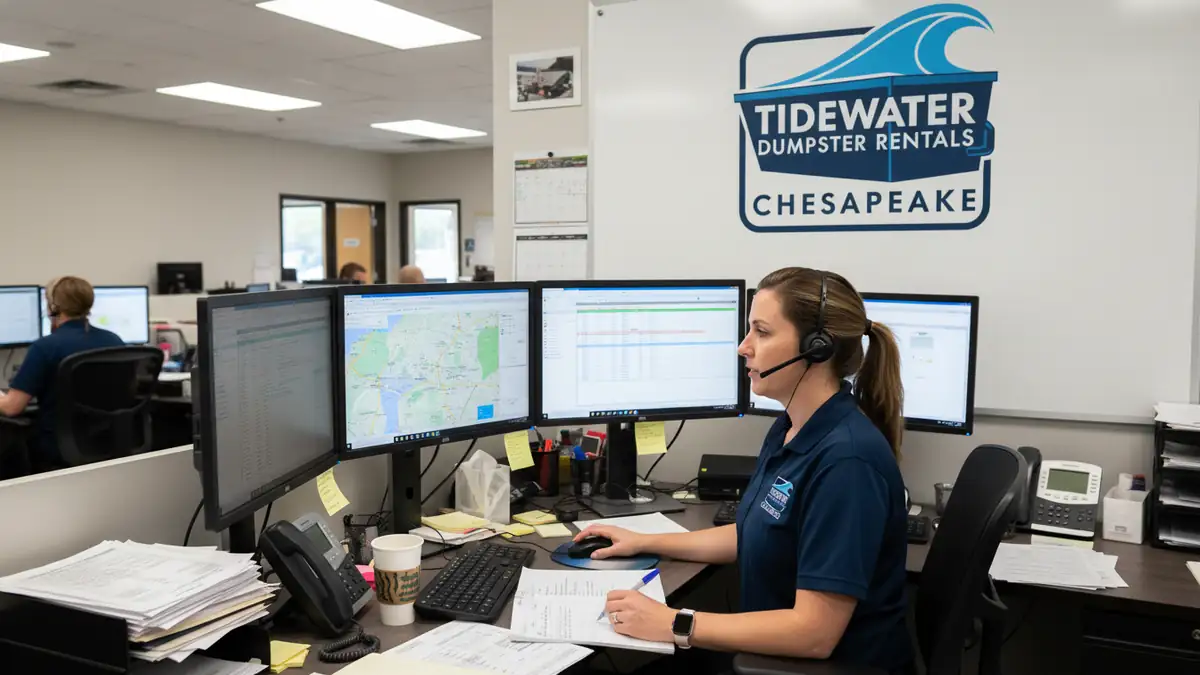 A woman in a navy polo and headset works at a desk with several monitors, one showing a map, with the company logo on the wall behind her