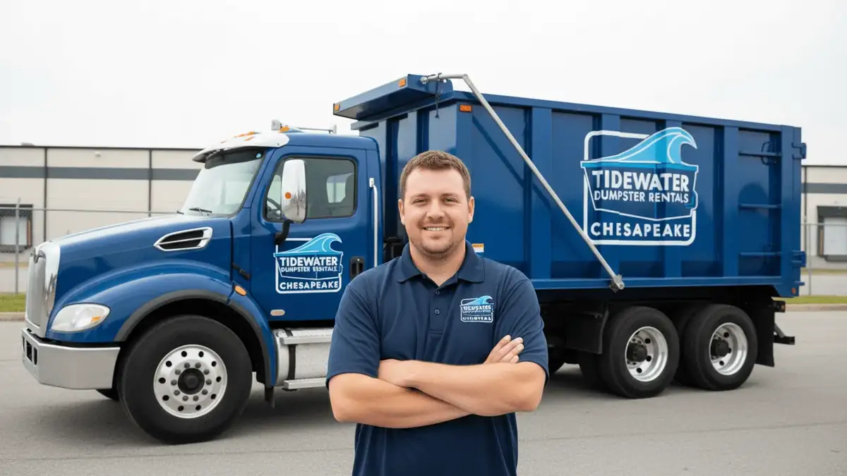 A man in a blue polo shirt and khaki trousers stands beside a blue roll-off container in a paved container yard, with a truck behind