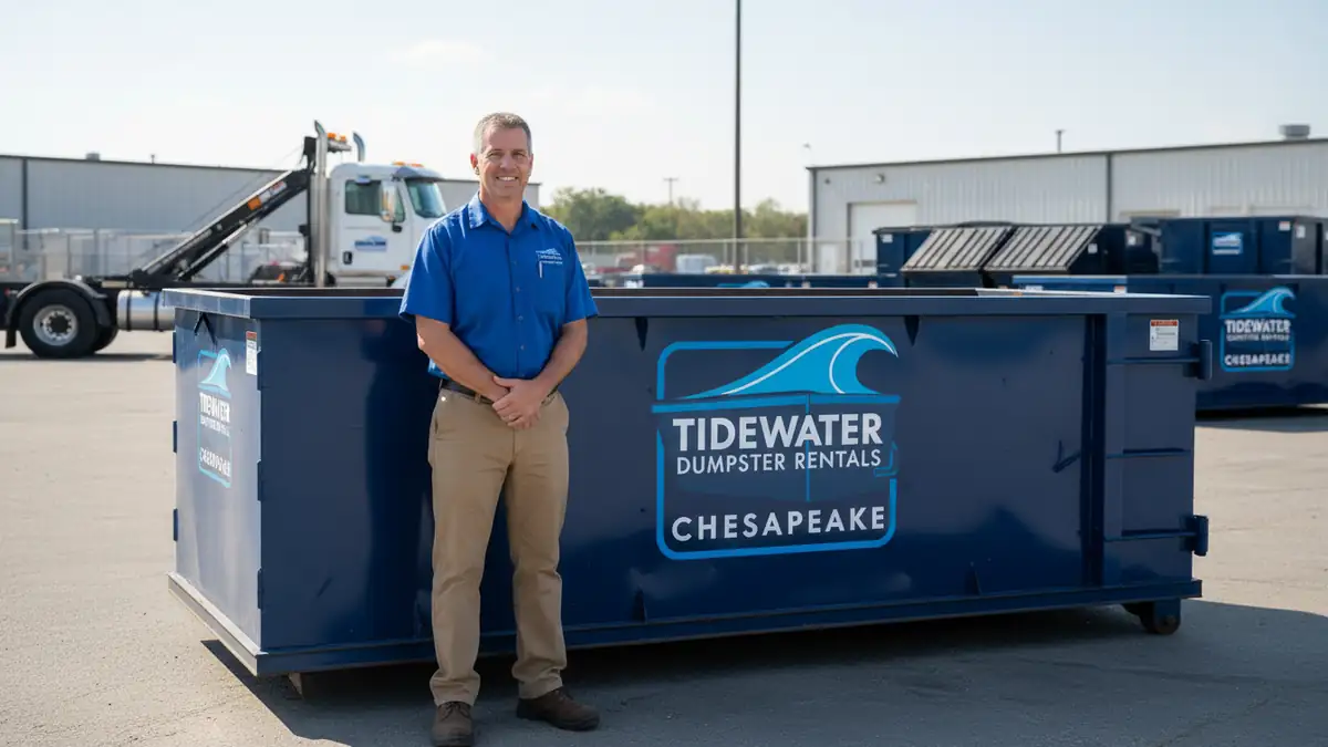 A man in a blue polo shirt and khaki trousers stands beside a blue roll-off container in a paved container yard, with a truck behind